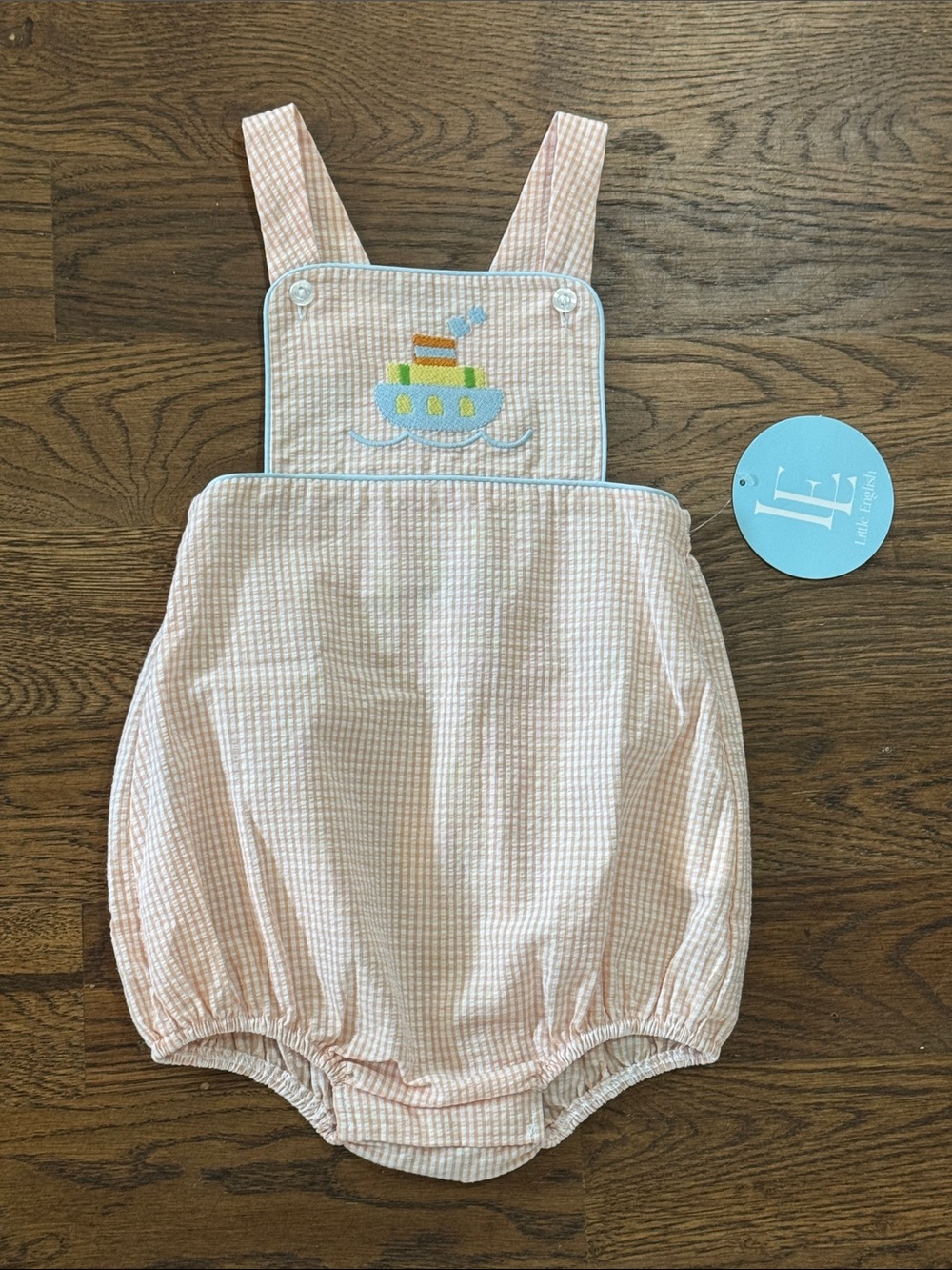 Little English Embroidered Tugboat Linville Bubble Romper Light Orange Gingham
